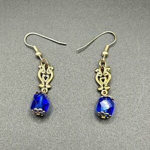 Elegant Gold and Blue beaded Dangle Earrings